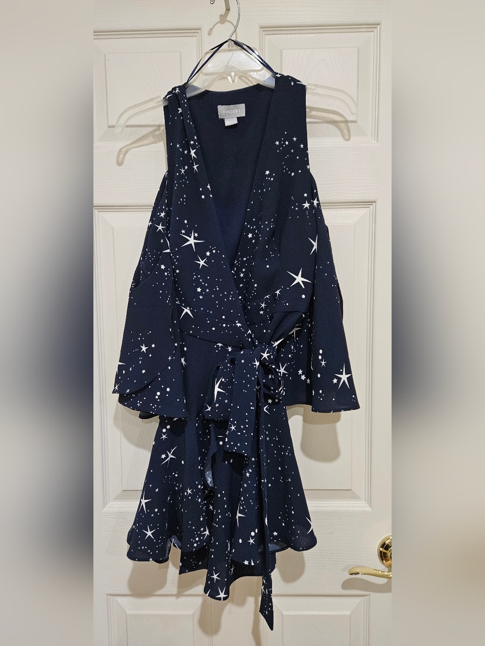 Finders Keepers Navy Star-Print Wrap Dress with Tie Waist & Cold Shoulders XS
